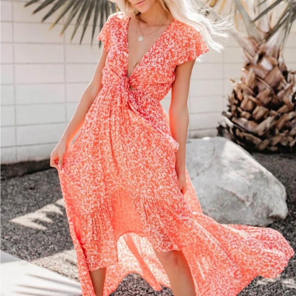 Floral Tie-Front Maxi Dress in Coral